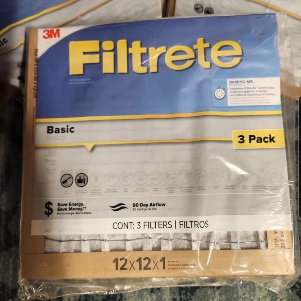 3M Filtrete BASIC Air Cleaning Filter 90 Day Airflow 12x12x1 (3 Pack)